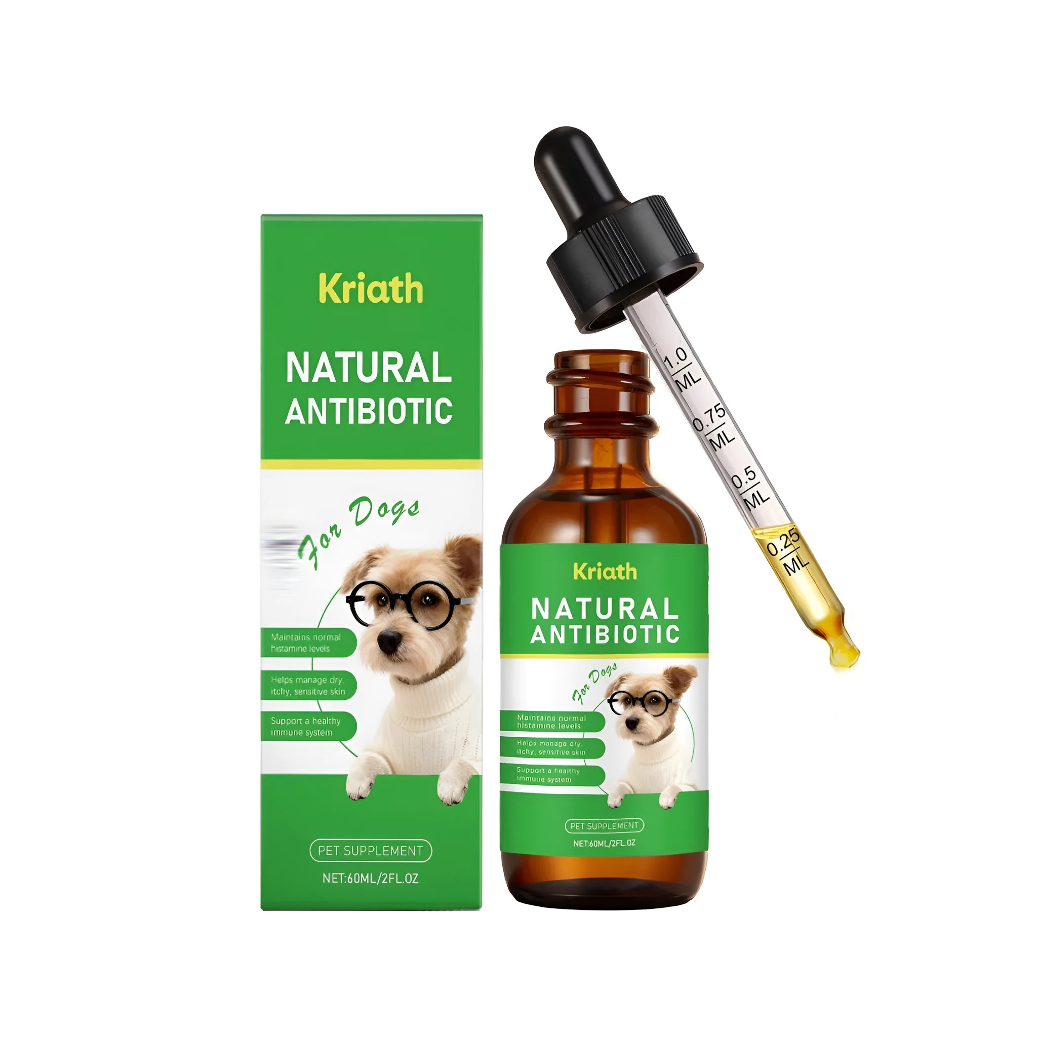 60ml bottle of dog immune health herbal drops with marshmallow root, apple vinegar, and ginger root extracts
