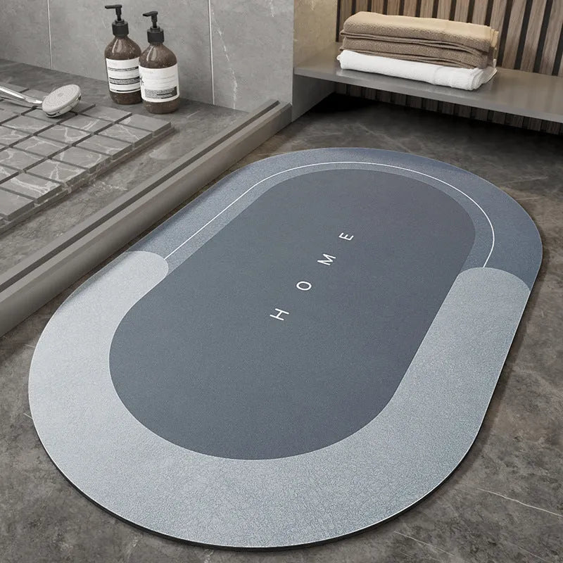 Blended fabric bathroom floor mat in blue, available in oval and rectangular shapes