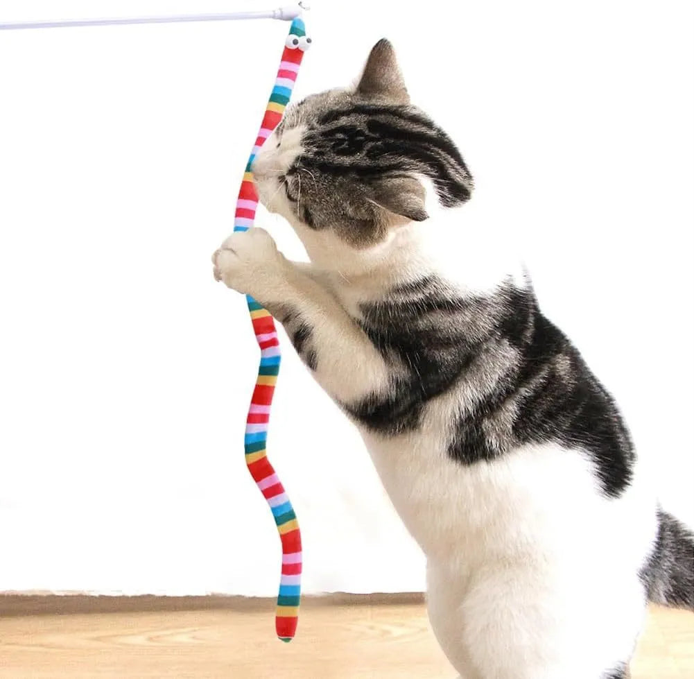 Colourful cat teaser wand with long plush strip and bell on a polycarbonate handle.