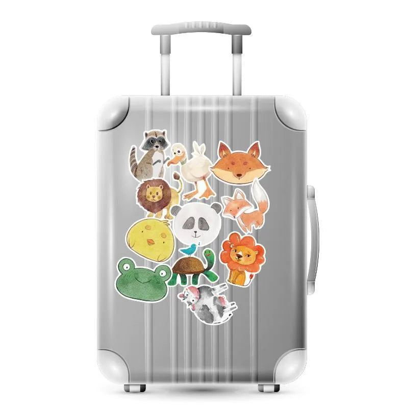 Set of 36 large retro-themed beach and surfing stickers on a sheet, ranging from 6 to 10 cm in size.