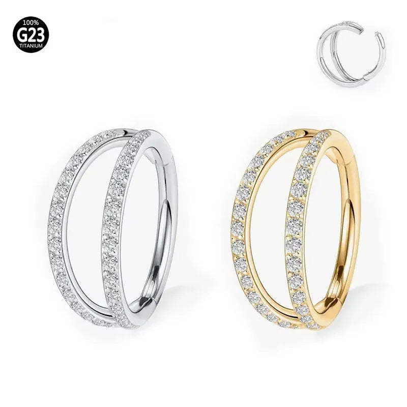 G23 titanium alloy lip ring nose ring with diamond treatment in steel or gold colour, showing puncture ring design