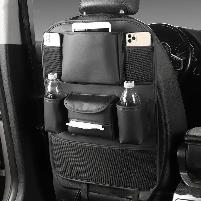 Leather car seat back storage bag shown in one of four colour options: black, grey, green, or brown.