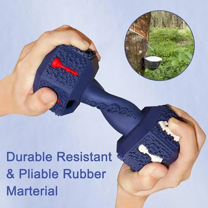 Durable black and blue rubber dumbbell dog chew toy for aggressive chewers on a white background.