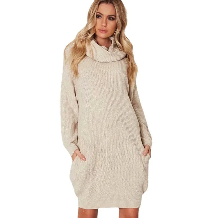 Women's apricot lapel neckline pullover sweater with side pockets showing slim fit and knit texture