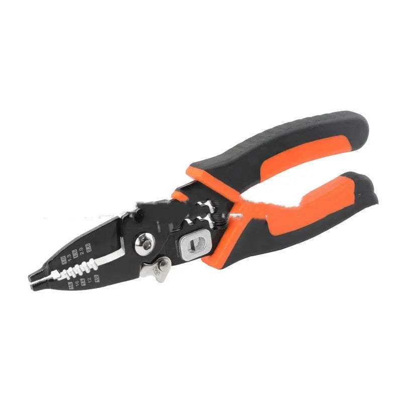 Orange multi-functional wire stripper with 65# steel clamp body and PVC handle for AWG 10-18 stripping