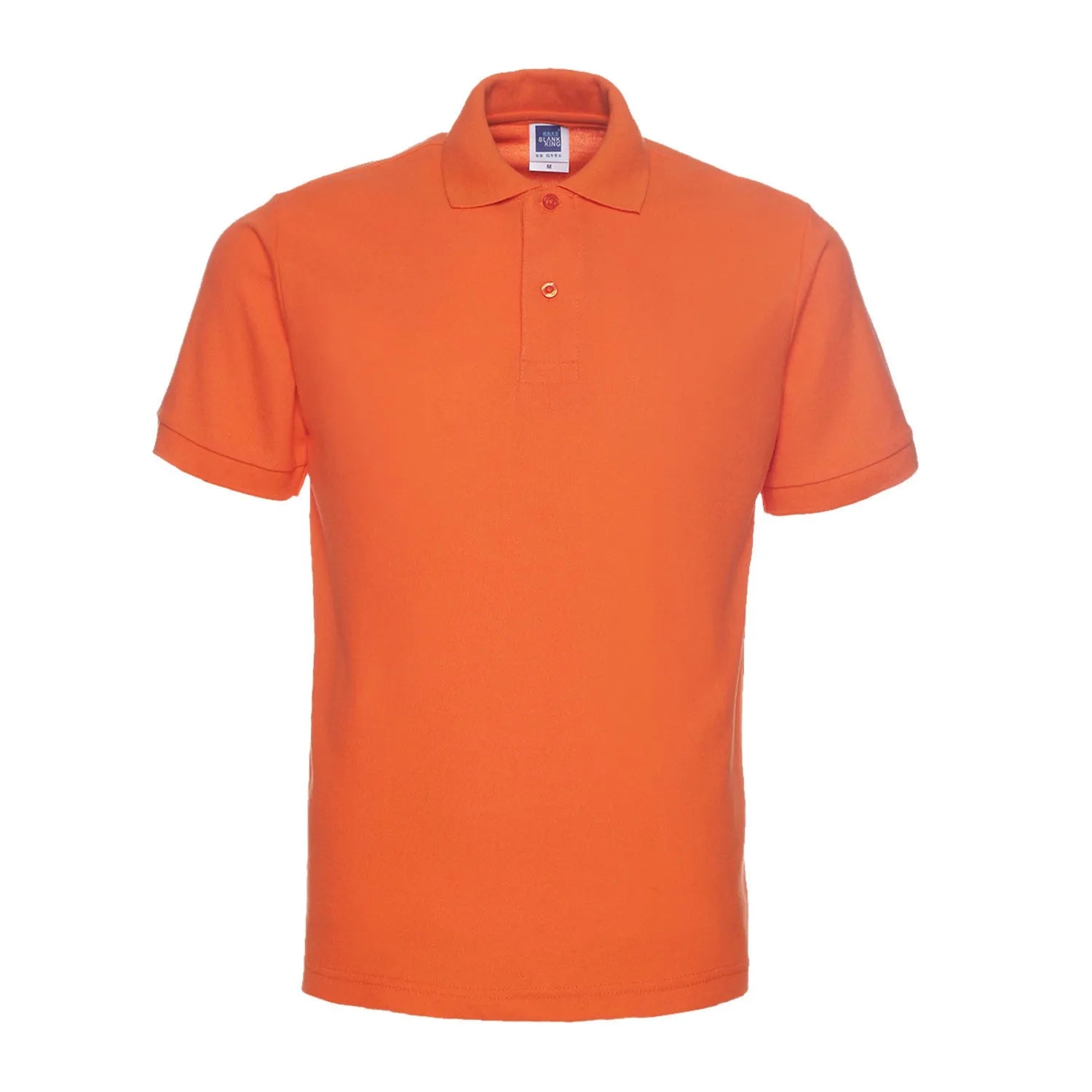Men's plus size solid colour lapel collar short sleeve polo shirt on a hanger.