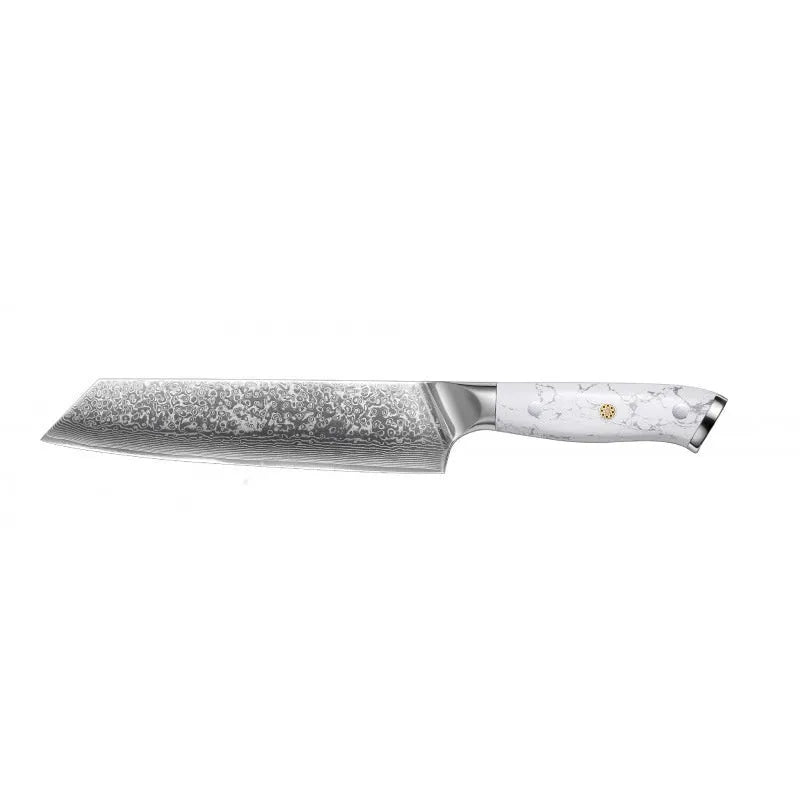 Damascus pattern chef's knife with VG10 steel blade and modern handle for kitchen use