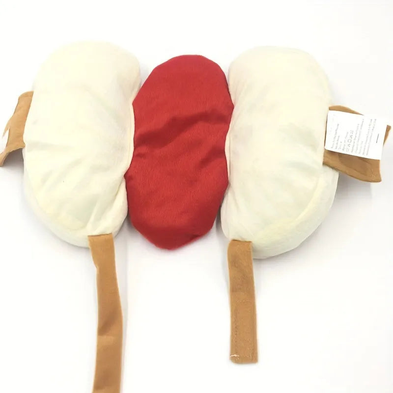 Red and brown hot dog costume on a Dachshund dog, showing the stuffed design and long body fit.