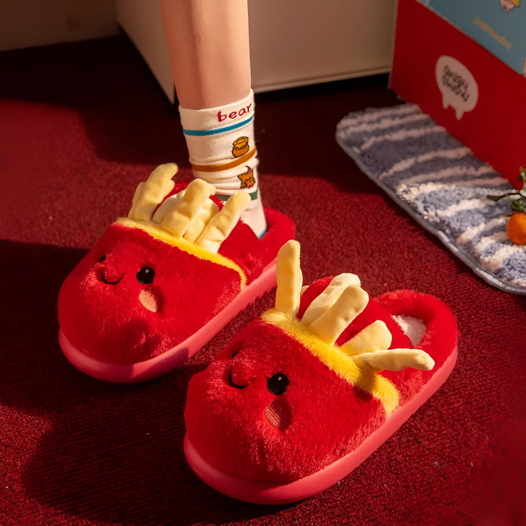 Pair of cotton slippers with suede upper, cartoon French fries print, and EVA sole for indoor use