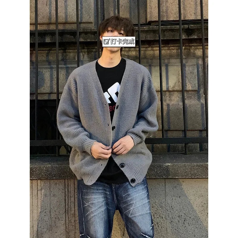 Men's loose fit V-neck cardigan sweater in Army Green solid colour, casual long sleeve design.