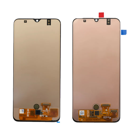 Samsung Galaxy A50 black OLED screen assembly with adhesive and repair tools laid out.