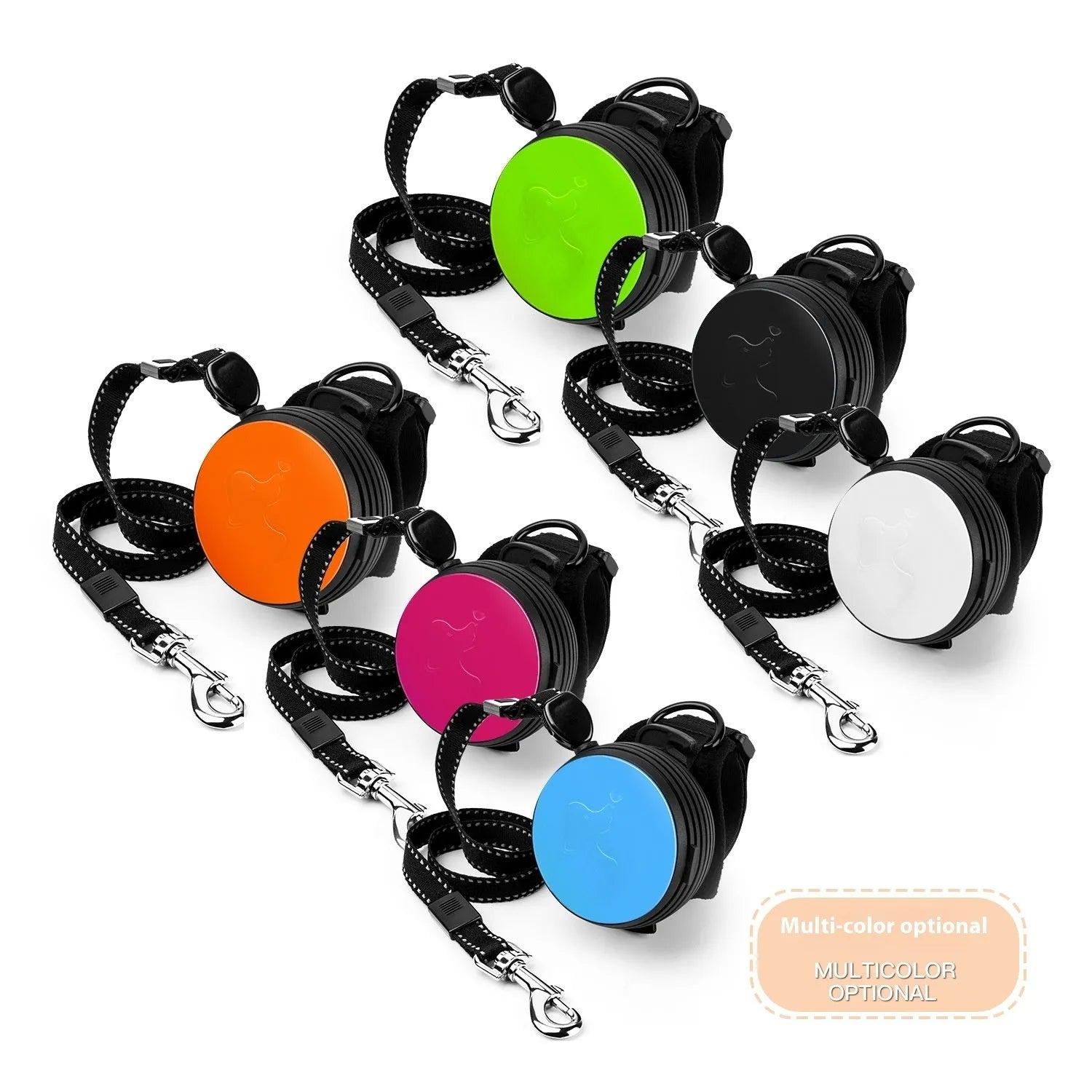 Retractable dog leash extended to 3 metres with automatic brake system in vibrant orange colour