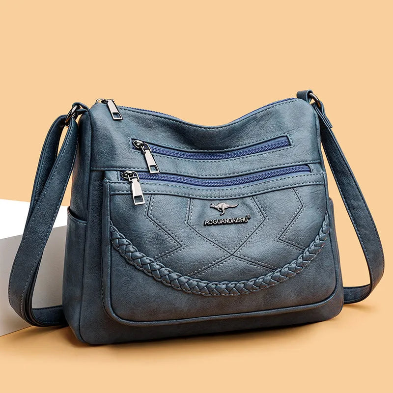 Soft PU leather crossbody shoulder bag in horizontal square shape with large capacity