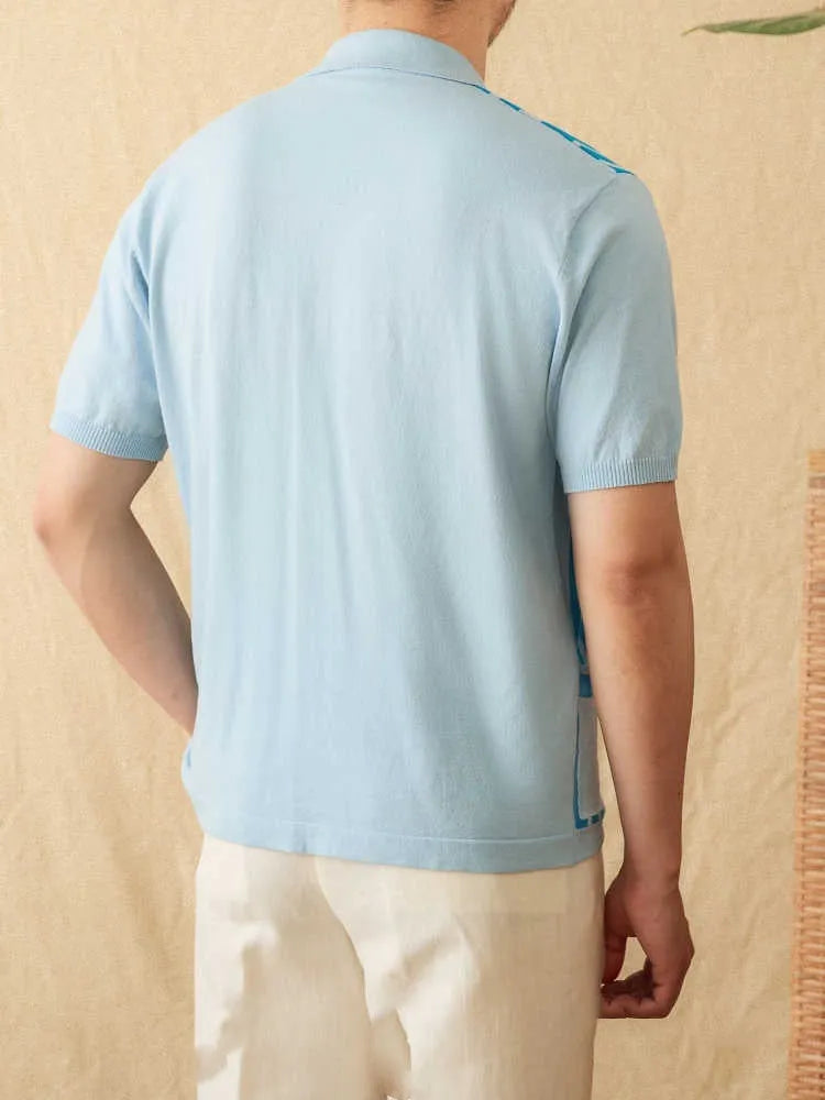 Men's short-sleeve striped knit cardigan polo shirt with lapel collar in light blue