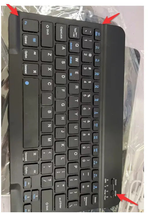 Black and white mini Bluetooth wireless keyboard shown in 7-inch, 9-inch, and 10-inch size options.