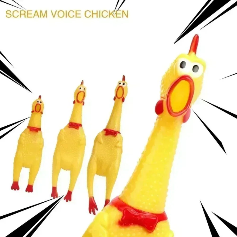 Yellow rubber screaming chicken dog squeak toy in three different sizes