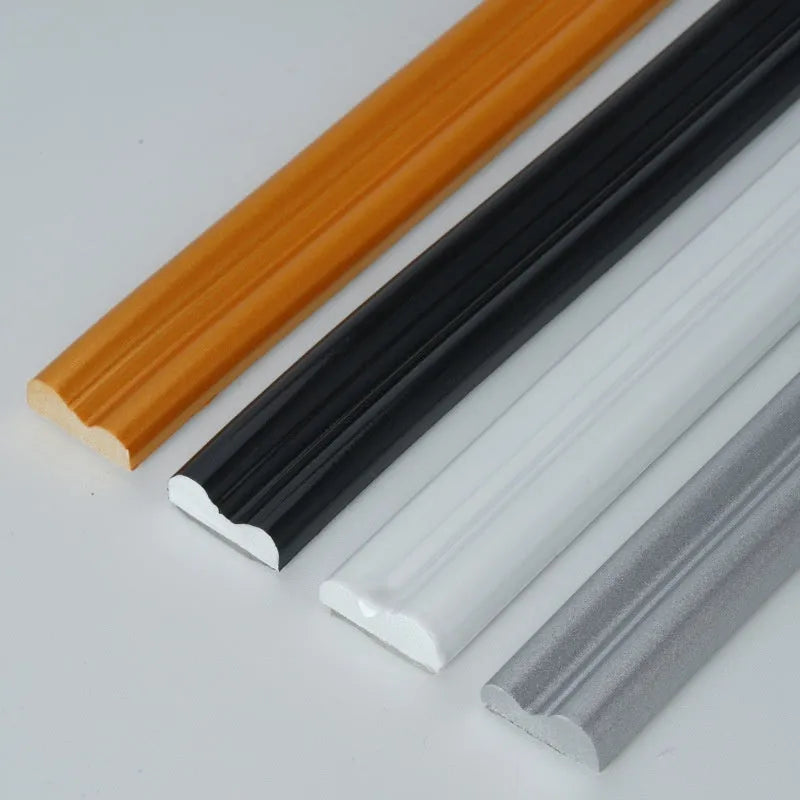 Flexible PVC self-adhesive edge banding trim roll in black, gold, silver, and white colour options.