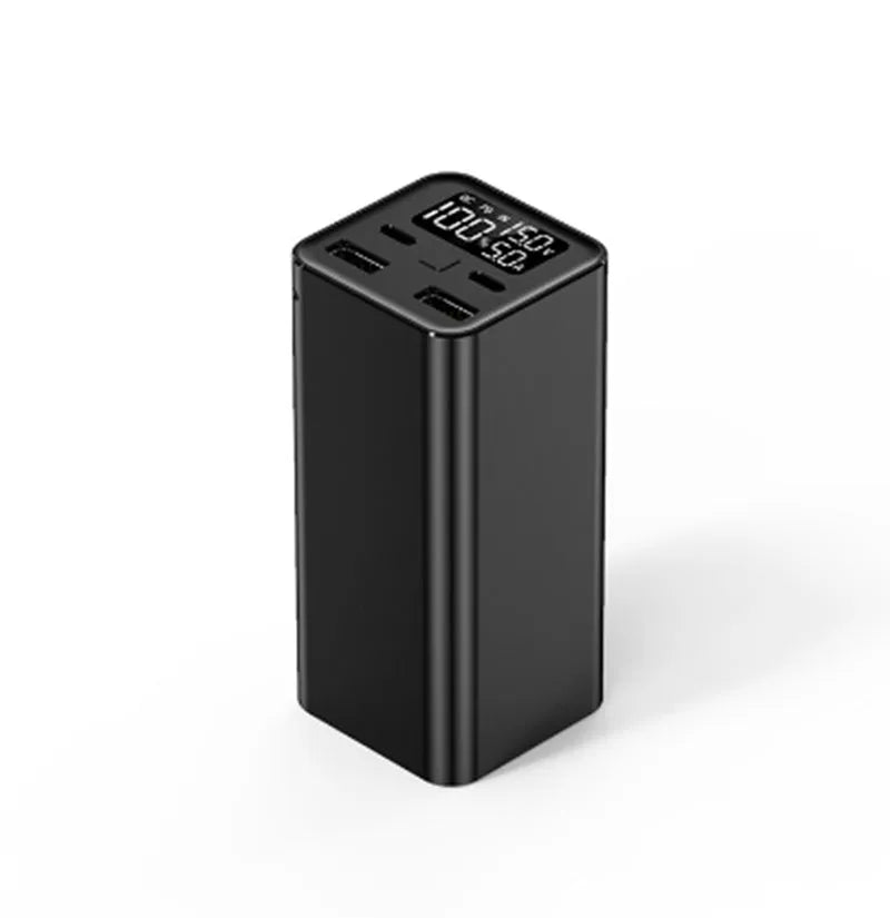 Black high power laptop charging bank with metal case showing size and USB-C port.
