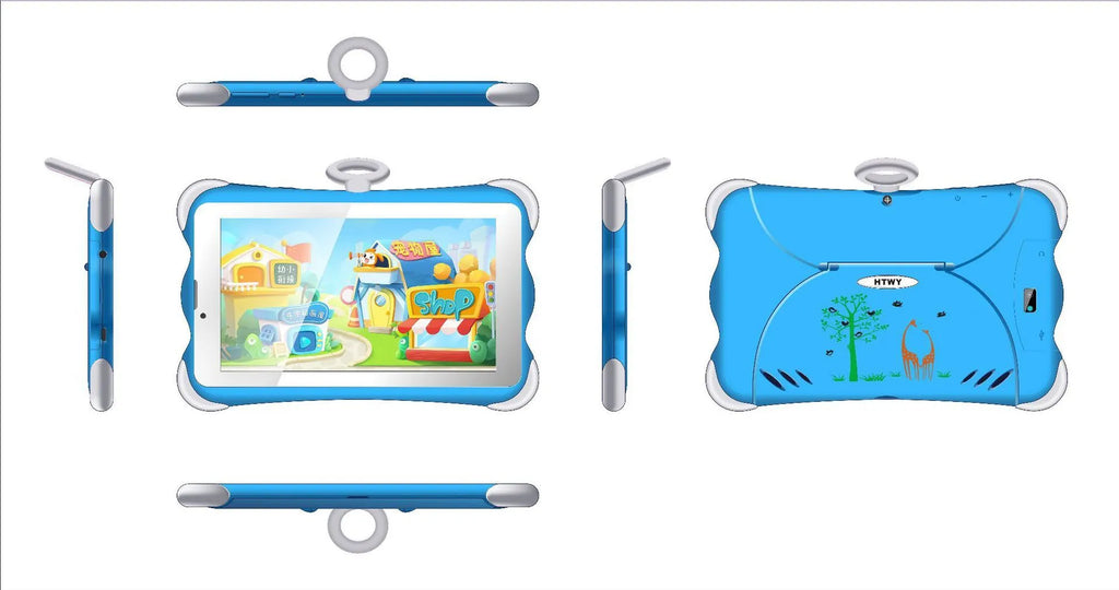 7-inch children's learning tablet in cartoon colours with integrated stand, showing 3G calling and Bluetooth features