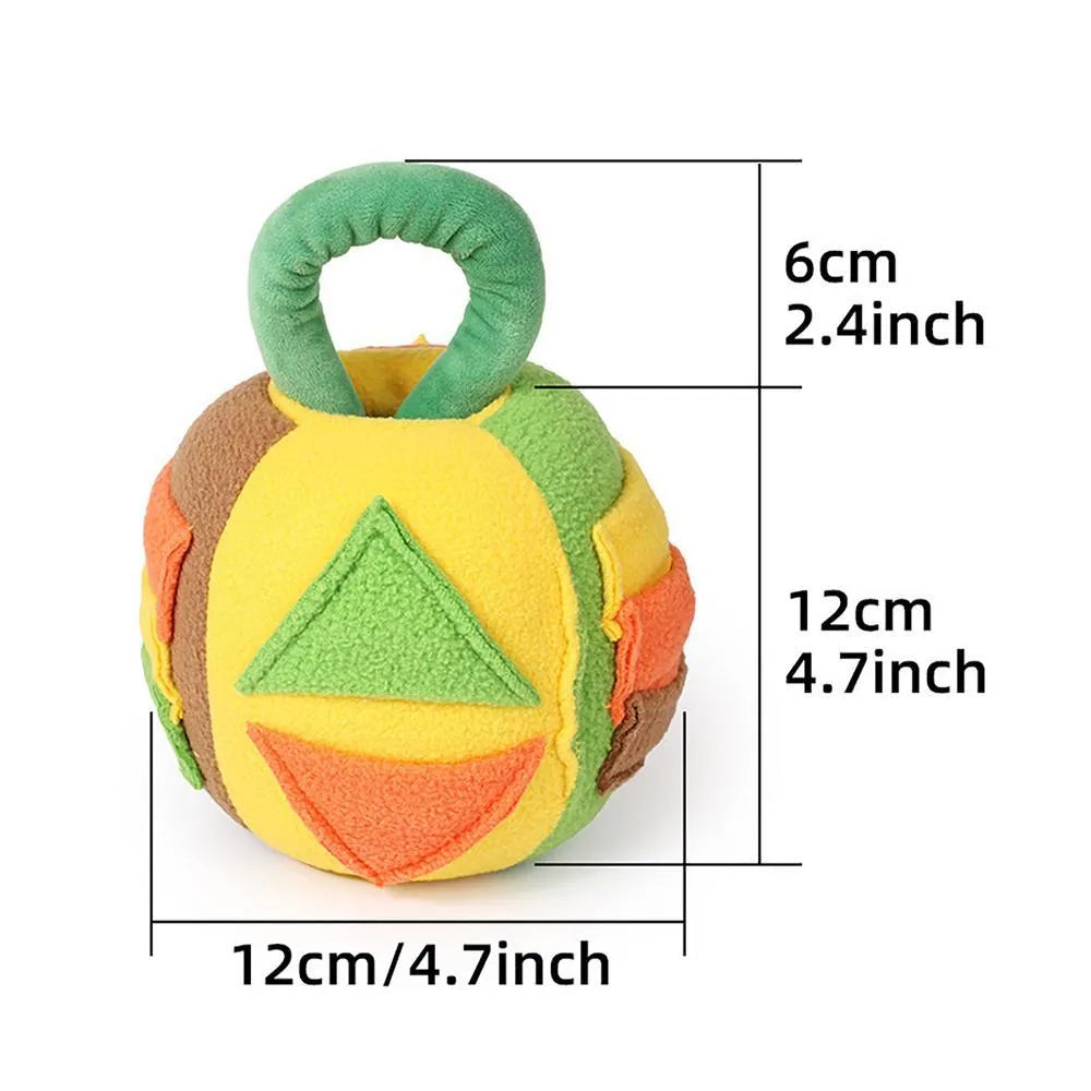 Green and pink dog plush ball toy with treat pockets and squeaker for small medium breeds