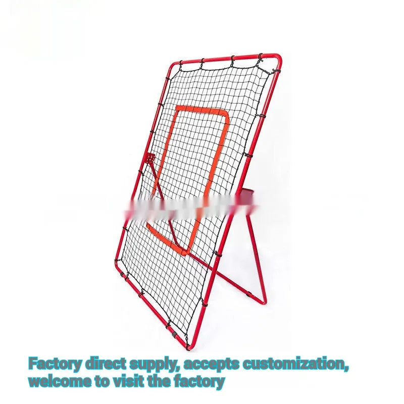 Red baseball training net with metal frame shown in packed position measuring 95cm long