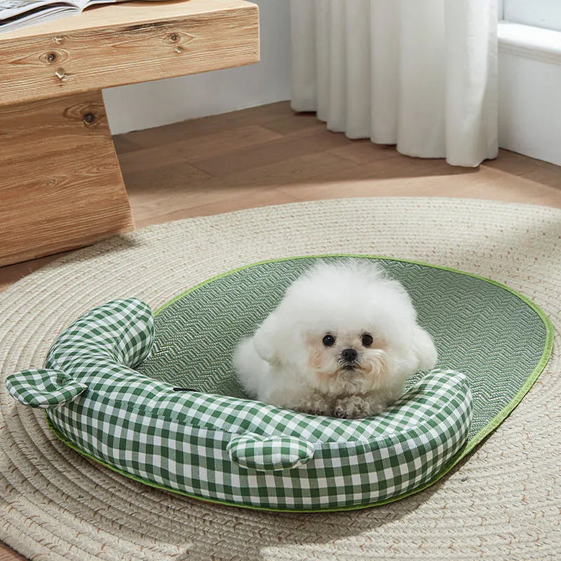Four season pet bed mat with cooling ice pad in green colour, showing size comparison for small to extra large dogs and cats