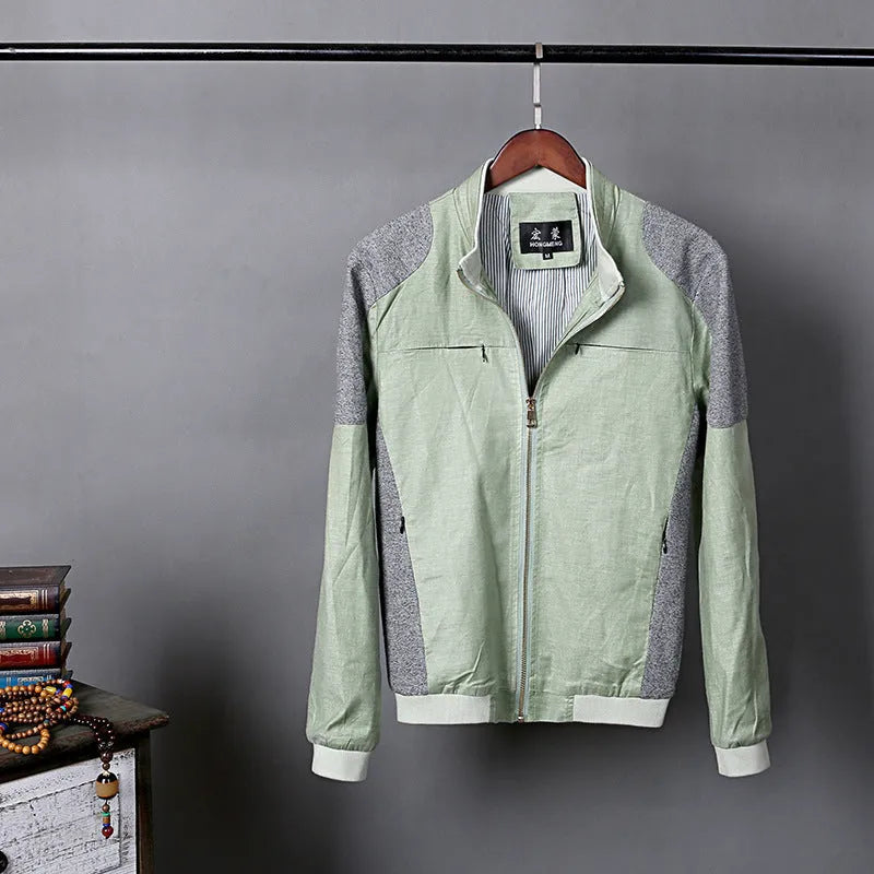 Men's thin blue cotton linen jacket with long sleeves, shown on a hanger.