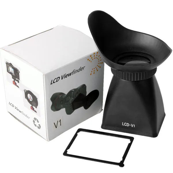 Black camera LCD viewfinder magnifier with magnetic mount attached to a DSLR screen.