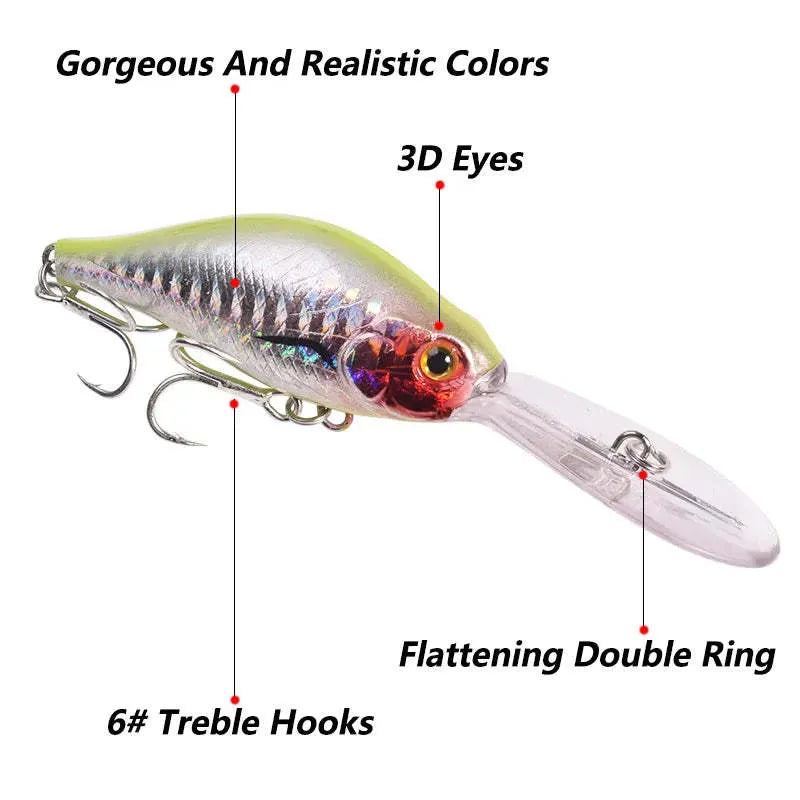 Fat Man Deep Diving Mino Lure crankbait in colour showing long diving lip and treble hooks.