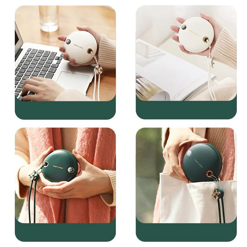 Green hand warmer power bank with digital display showing charge level, measuring 89.5mm square