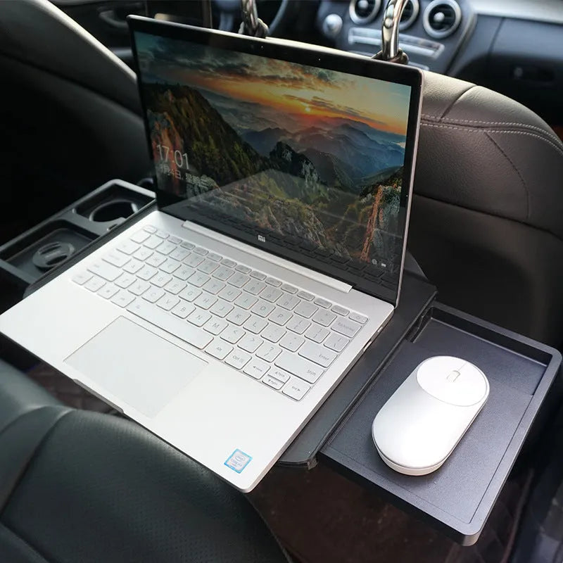 Folding car rear seat dining table laptop stand in black ABS with phone holder slot