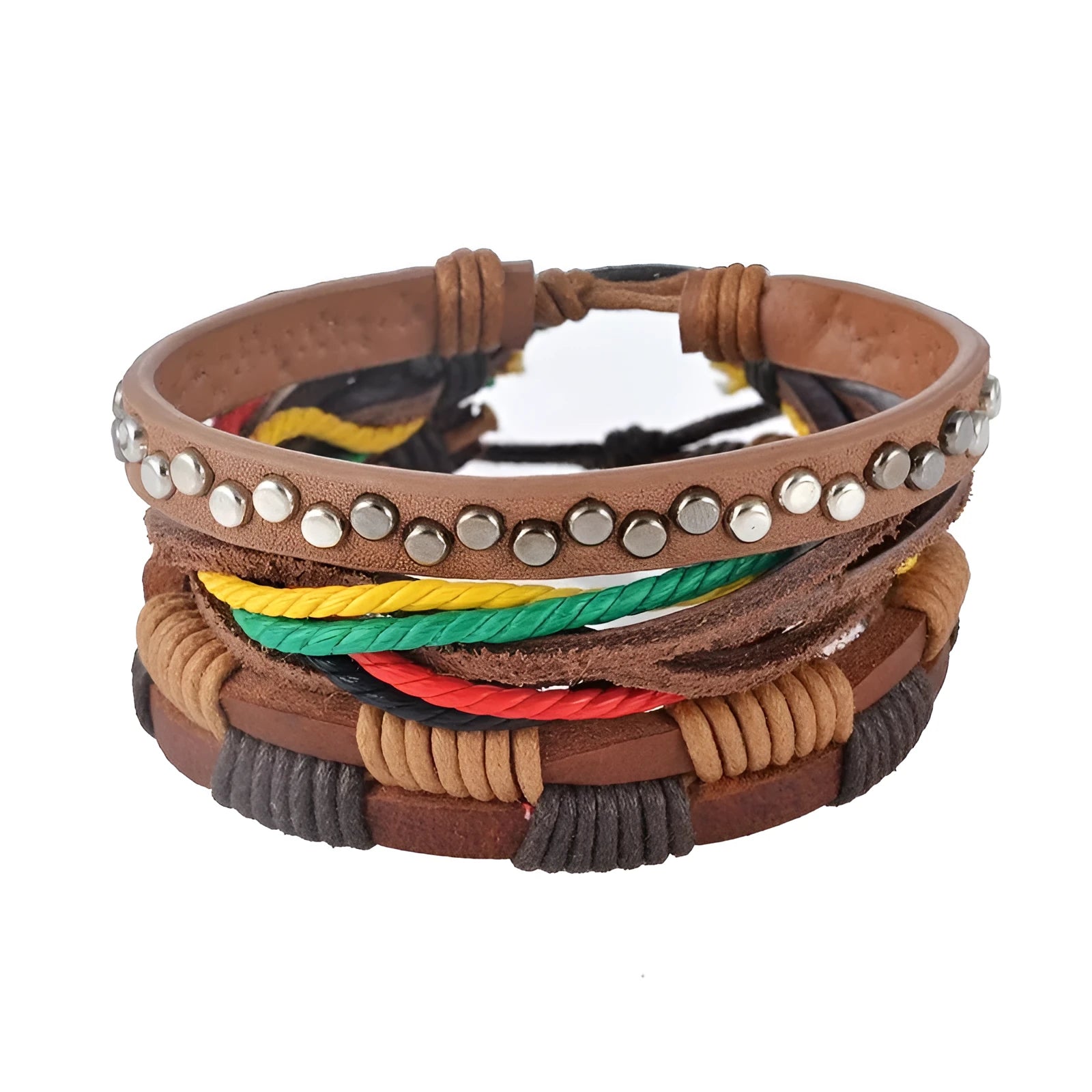 Hand-woven leather bracelet with wooden beads and adjustable closure in punk style