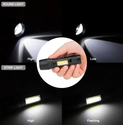 Black aluminium alloy telescopic LED flashlight with adjustable zoom focus and pocket clip