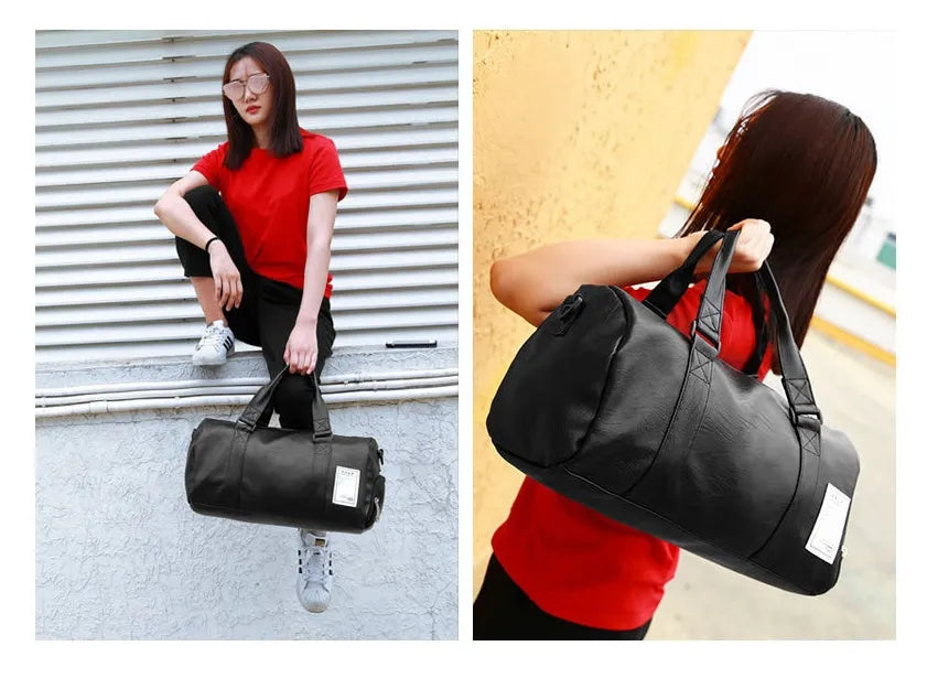 Black waterproof sports bag with separate side shoe compartments shown in large and small sizes.