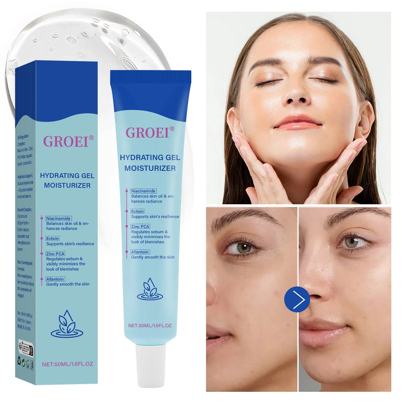 Moisturising facial gel with hyaluronic acid in 50ml container