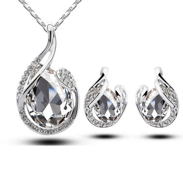 3pcs rhinestone necklace set with earrings, water-drop-shaped alloy electroplated jewellery, blue colour, 21-50cm adjustable chain