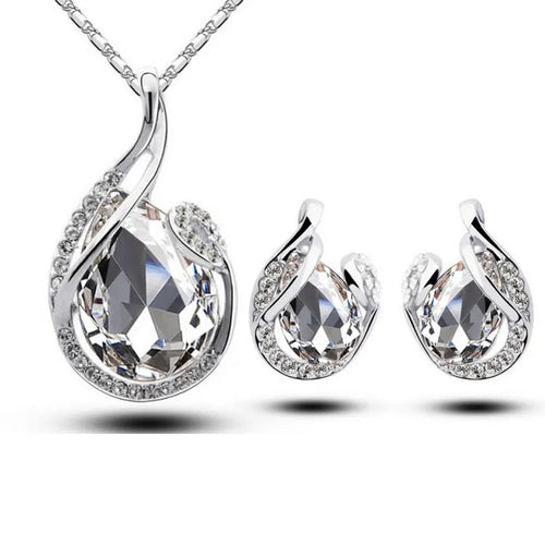3pcs rhinestone necklace set with earrings, water-drop-shaped alloy electroplated jewellery, blue colour, 21-50cm adjustable chain