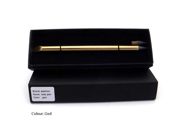 Silver inkless metal pen with alloy steel nib next to its presentation box and pen bag.