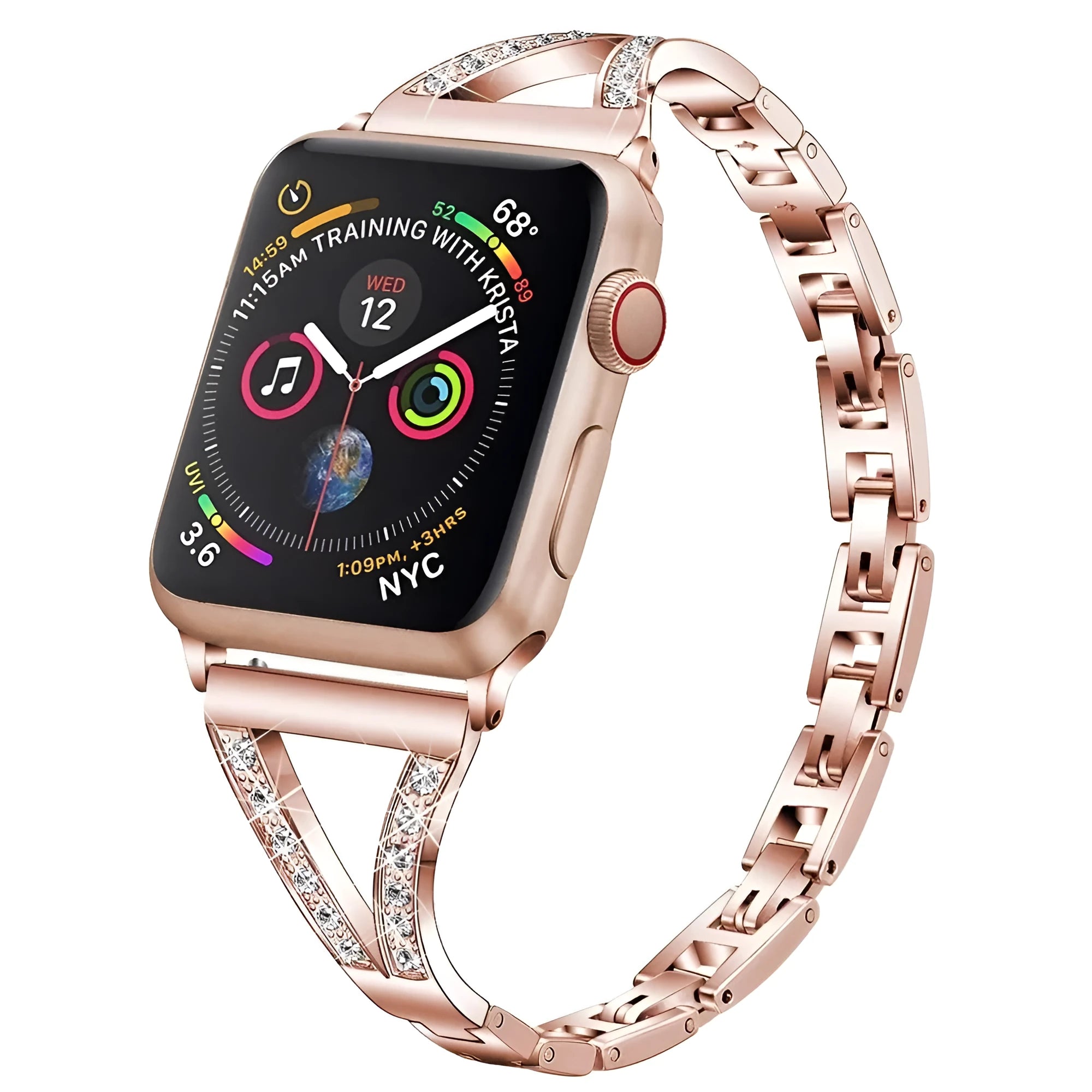 Stainless steel watch strap with diamond studs in black, gold, pink, rose gold, and white colour options.