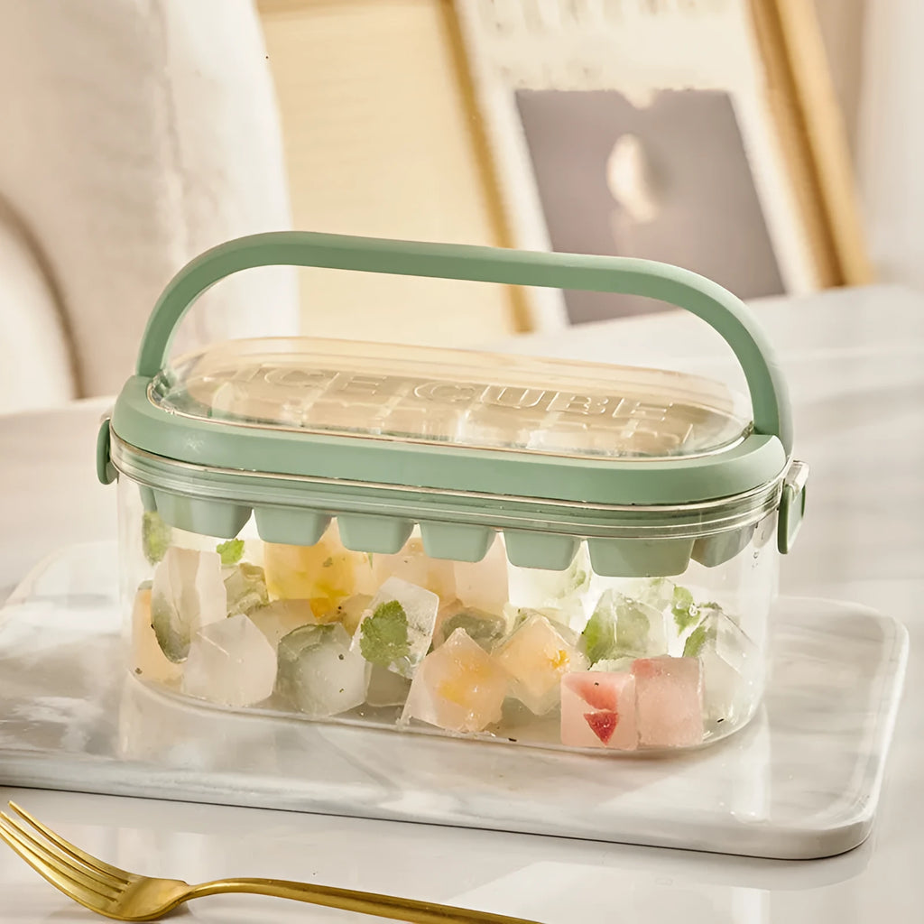 DIY Silicone Ice Grid portable ice box with 54 ice cubes in two layers, Fresh Green hard base model, modern simple design