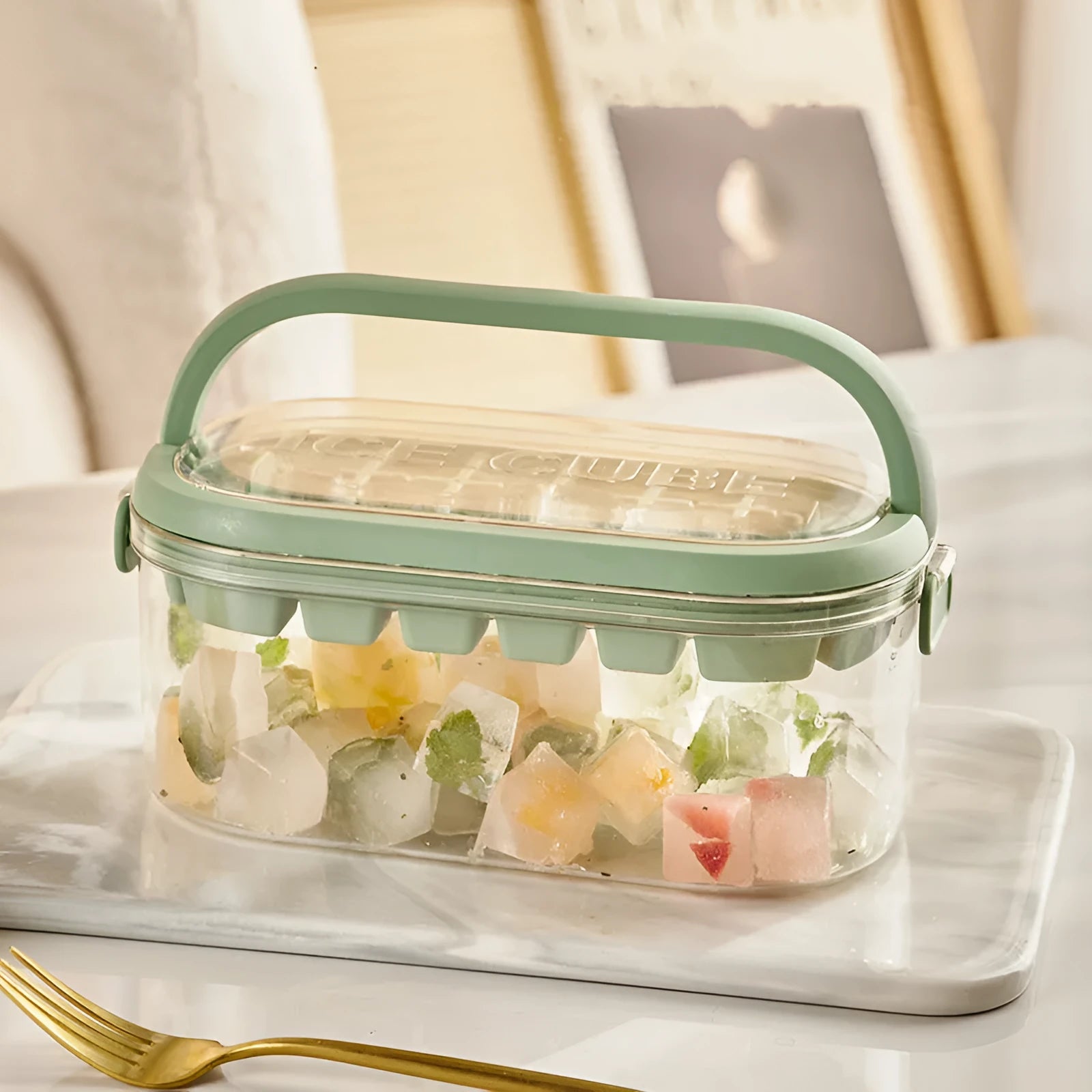 DIY Silicone Ice Grid portable ice box with 54 ice cubes in two layers, Fresh Green hard base model, modern simple design