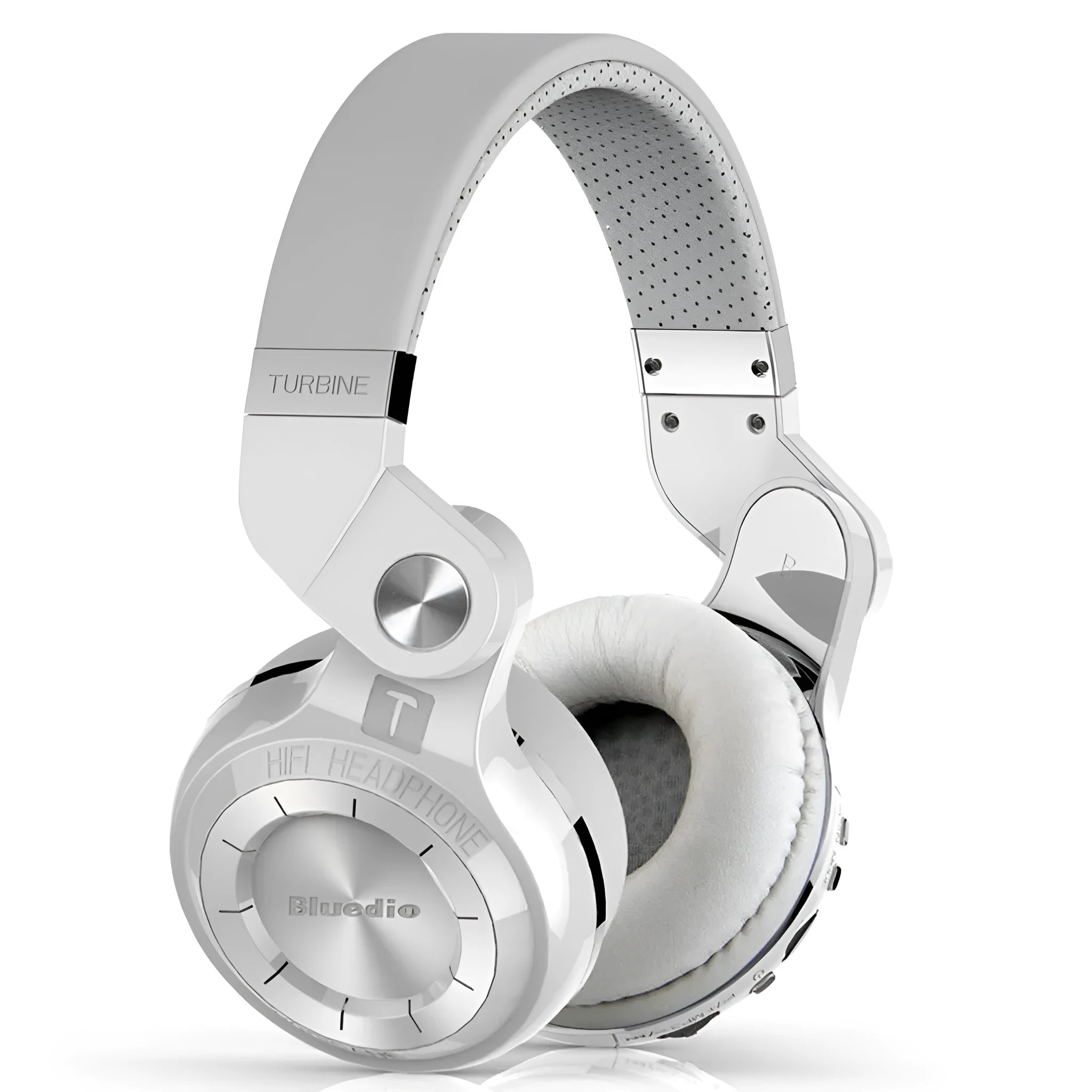 Black Bluetooth headset with in-line controls and a subwoofer, shown in a head-mounted position.