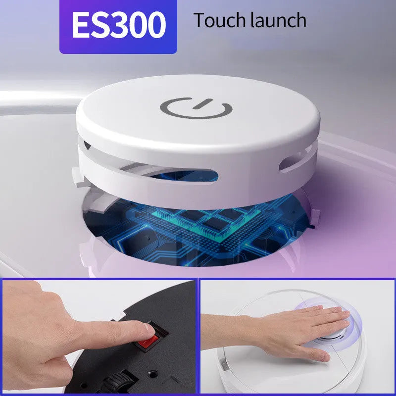 Automatic floor sweeping robot with slim profile on hard floor.