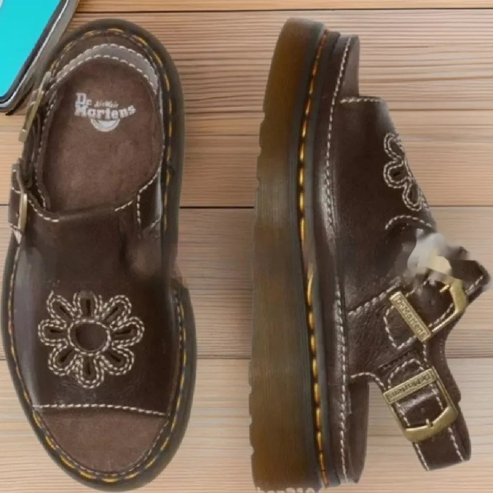Men's black and brown embroidered floral beach sandals with flat PU sole