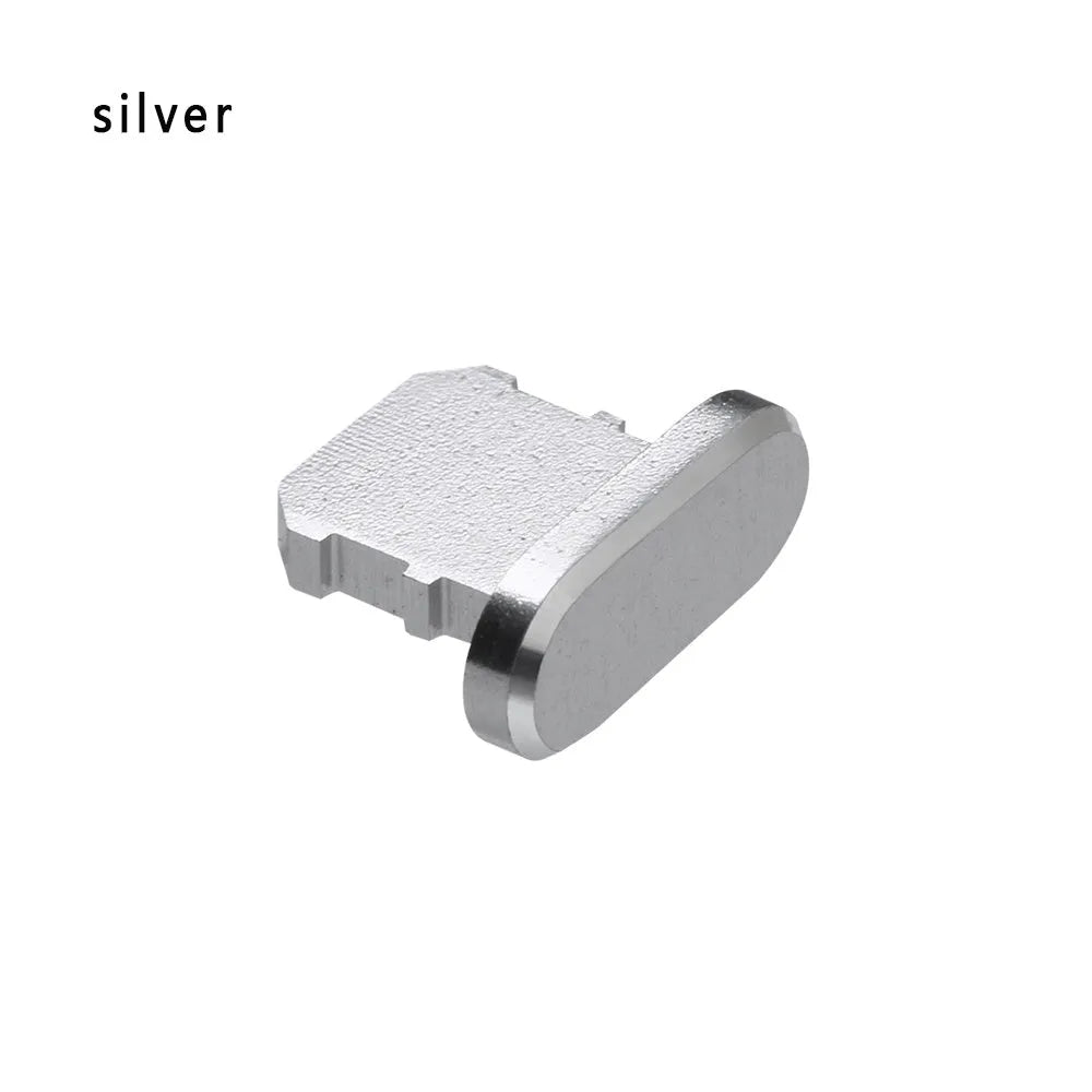Aluminium alloy dust plug for iPhone charging port in various colours including gold, silver, blue, and rose gold.