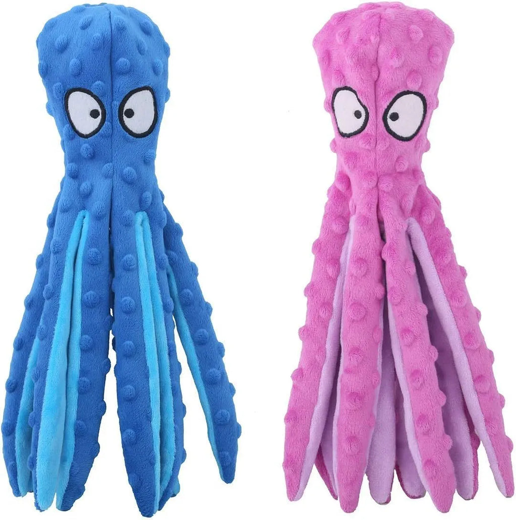Blue octopus dog toy with squeaker and crinkle sounds for interactive play