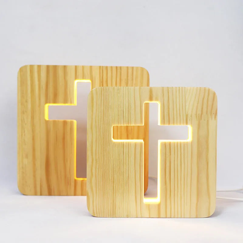 Solid wood hollow night lamp with warm white LED light on a surface.