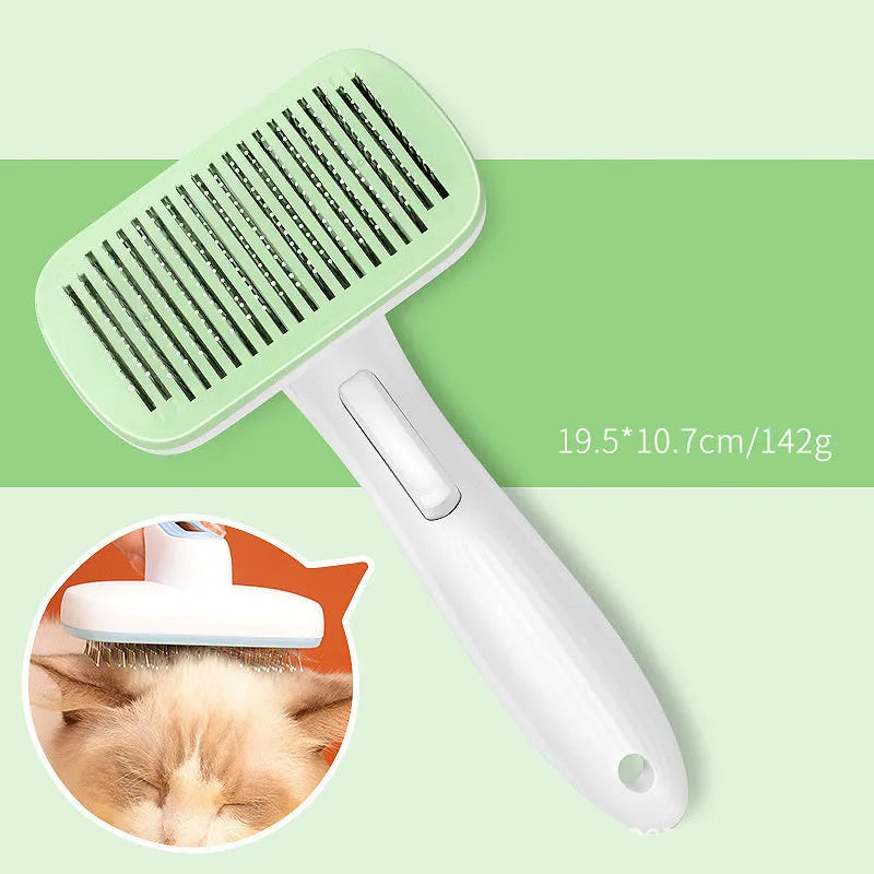 Automatic pet hair removal comb for dogs and cats showing colour options and dimensions