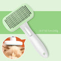 Automatic pet hair removal comb for dogs and cats showing colour options and dimensions