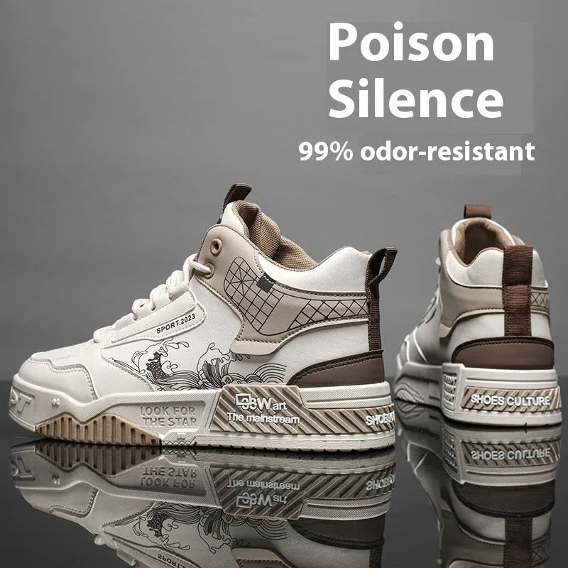 Men's beige, white and blue high-top lace-up board sneakers with a flat rubber sole.